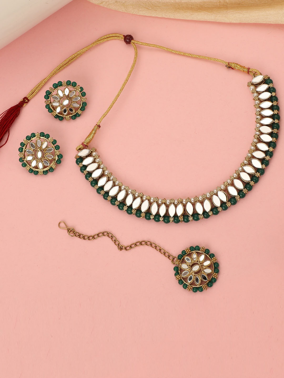 

ZaffreCollections Gold-Plated Green & White Crystal-Studded & Beaded Jewellery Set