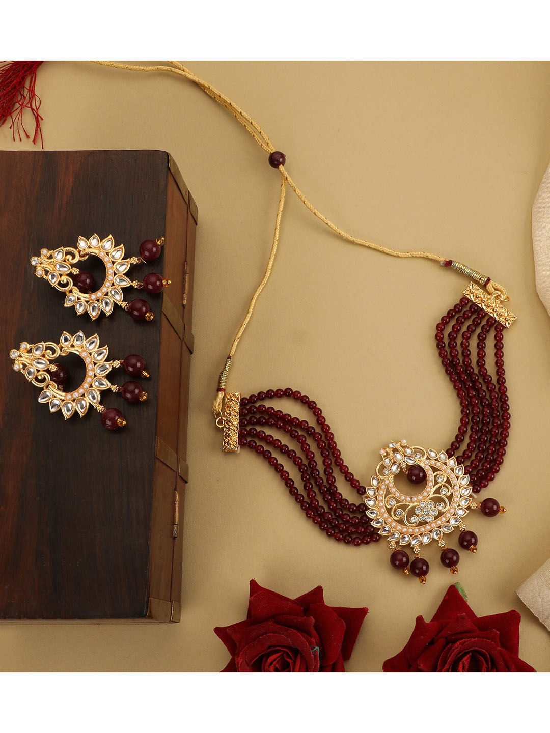 

ZaffreCollections Gold-Plated Maroon & White Crystal-Studded & Beaded Jewellery Set