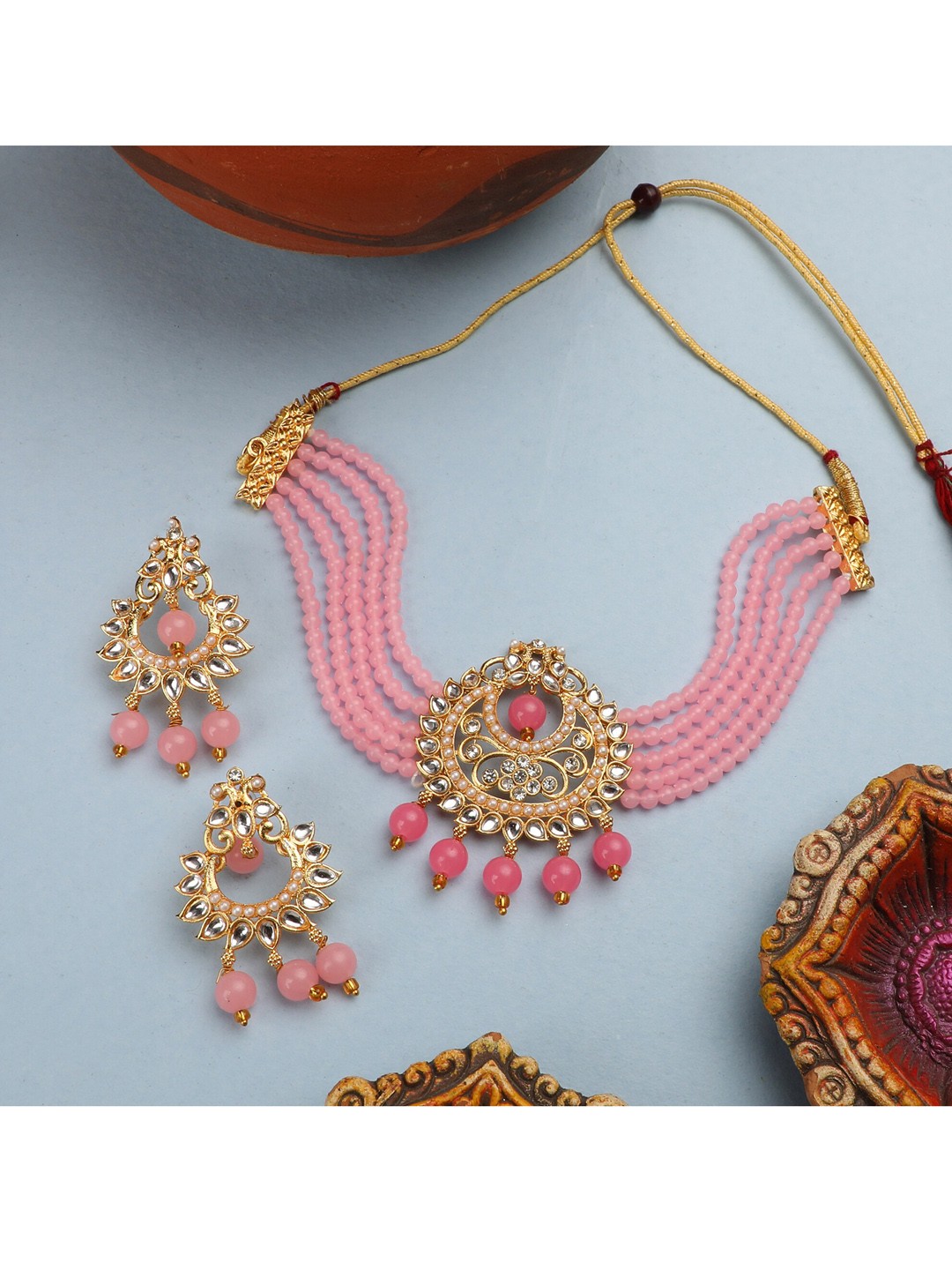 

ZaffreCollections Gold-Plated Pink & White Crystal-Studded & Beaded Jewellery Set