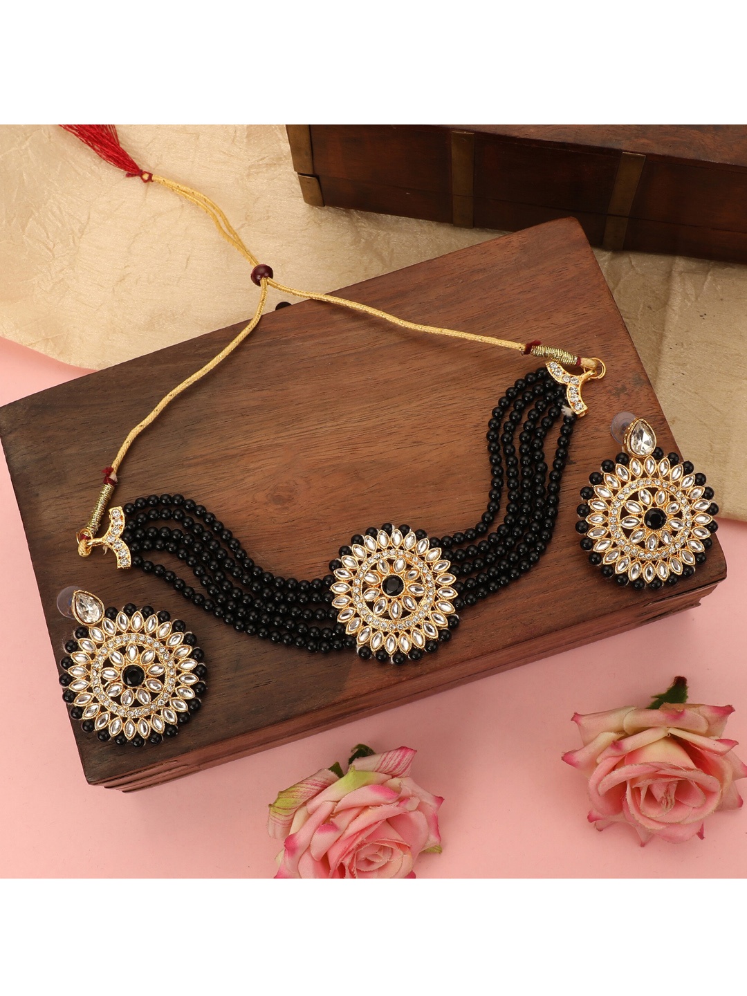 

ZaffreCollections Women Gold-Plated Black & White Crystal-Studded & Beaded Jewellery Set