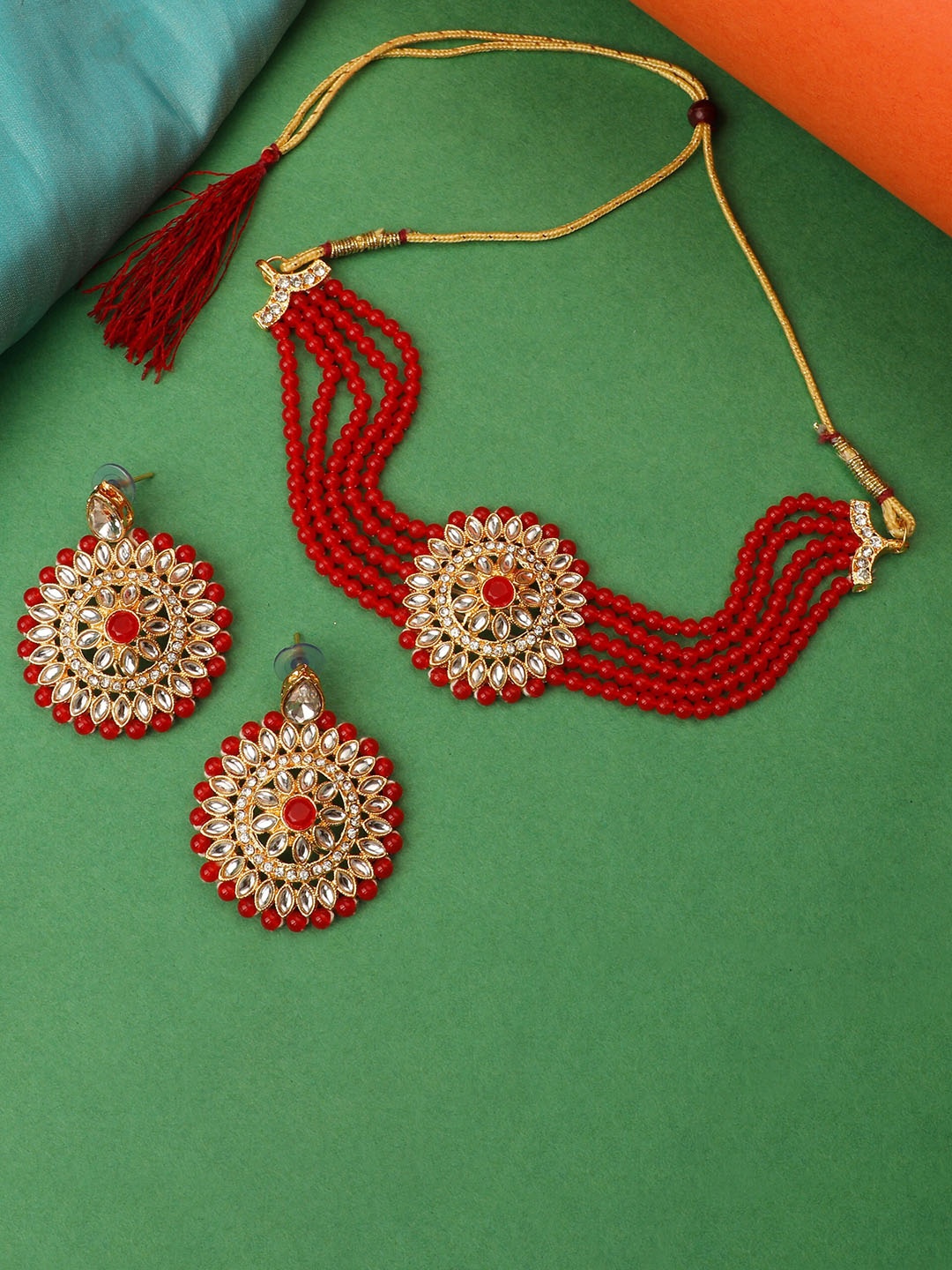 

ZaffreCollections Gold-Plated Red & White Crystal-Studded & Beaded Jewellery Set