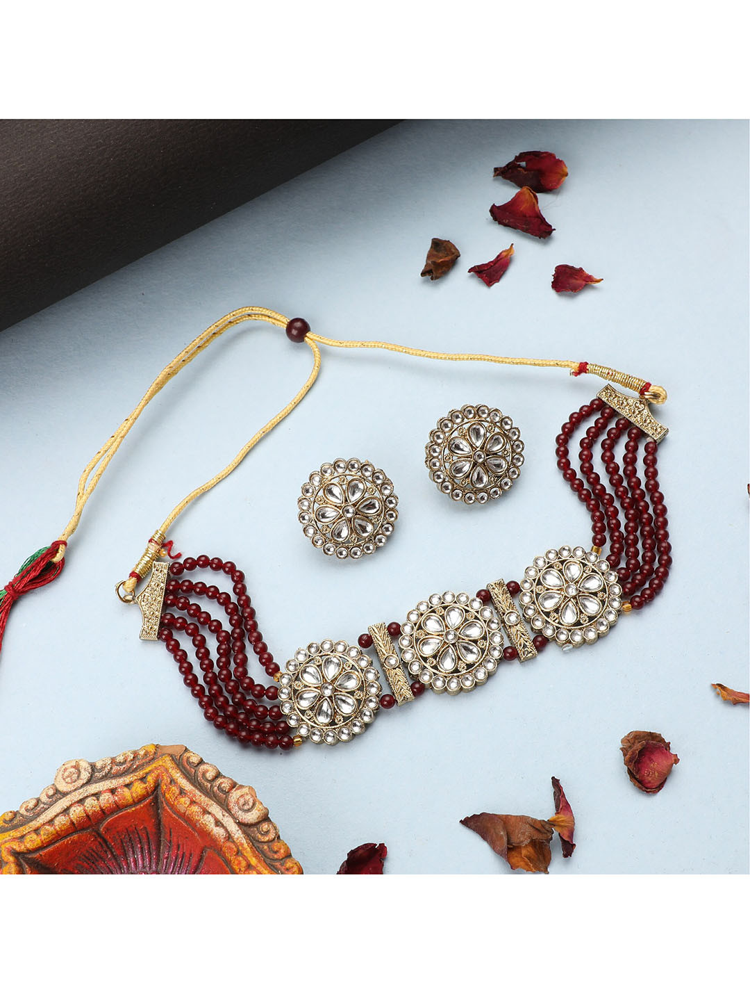

ZaffreCollections Women Gold-Plated Maroon & White Crystal-Studded & Beaded Jewellery Set