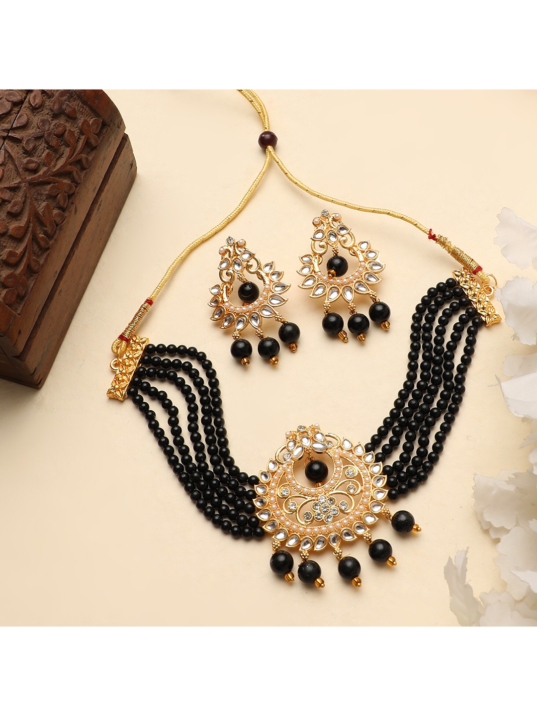 

ZaffreCollections Women Gold-Plated Black & White Crystal-Studded & Beaded Jewellery Set