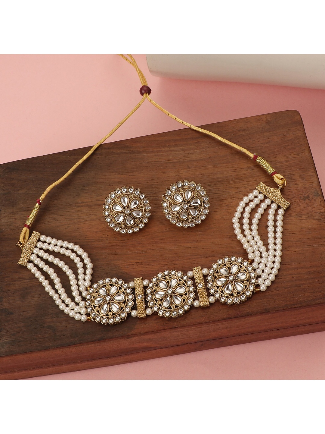 

ZaffreCollections Gold-Plated White Crystal-Studded & Beaded Jewellery Set