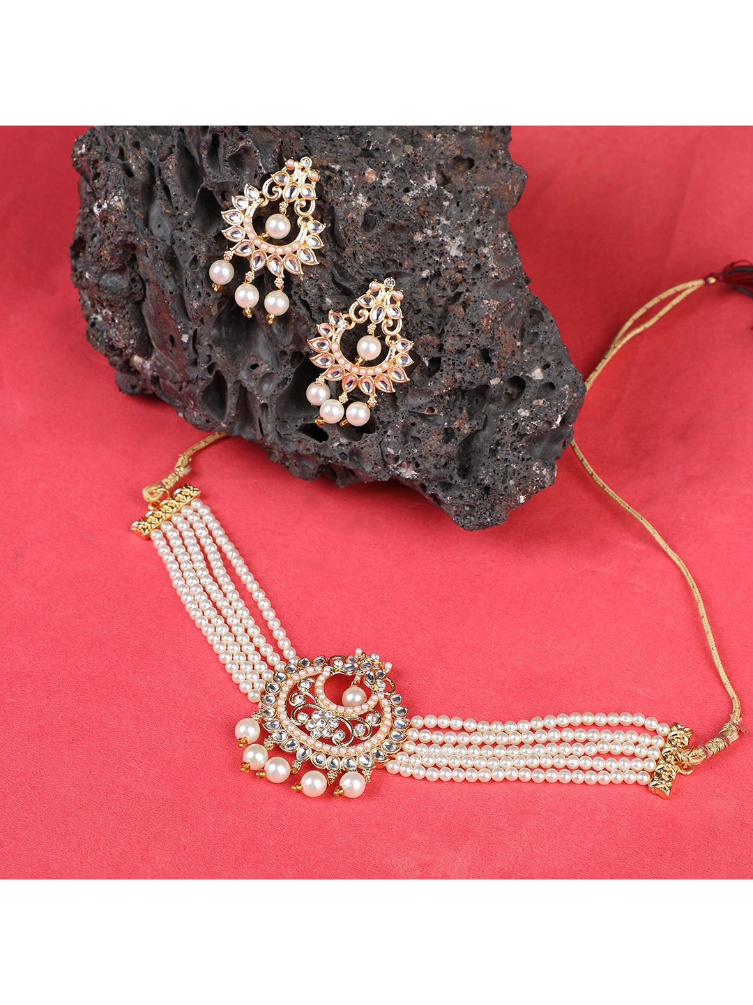 

ZaffreCollections Women Gold-Plated & White Crystal-Studded & Beaded Jewellery Set