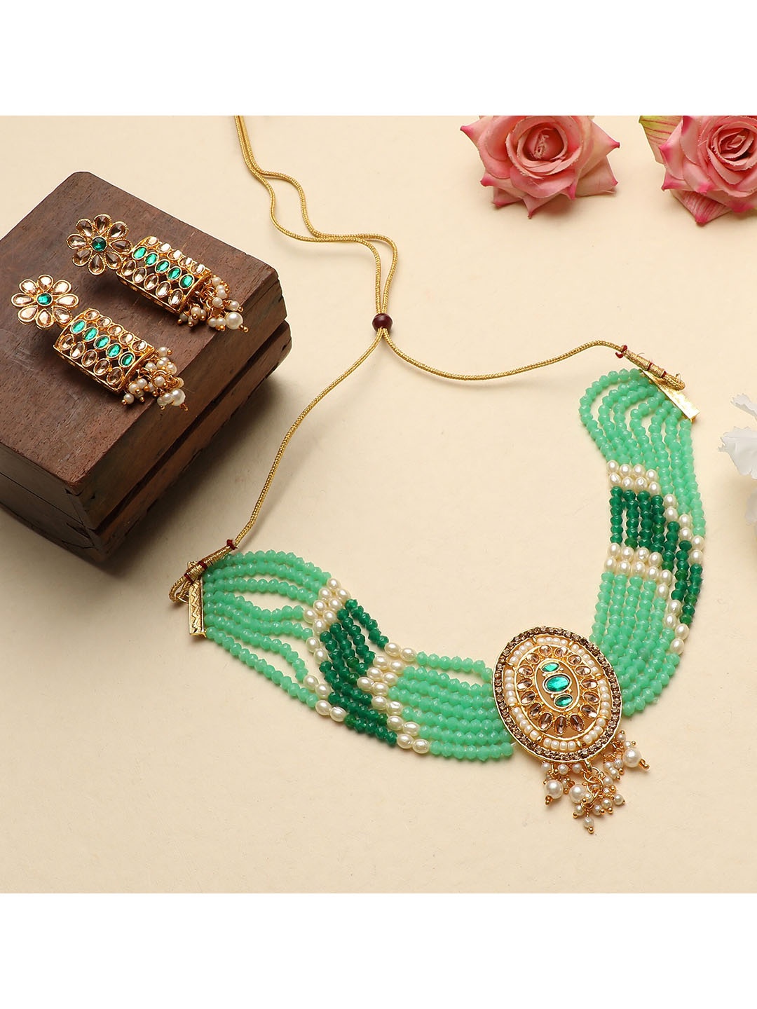 

ZaffreCollections Gold-Plated Sea Green & White Crystal-Studded & Beaded Jewellery Set