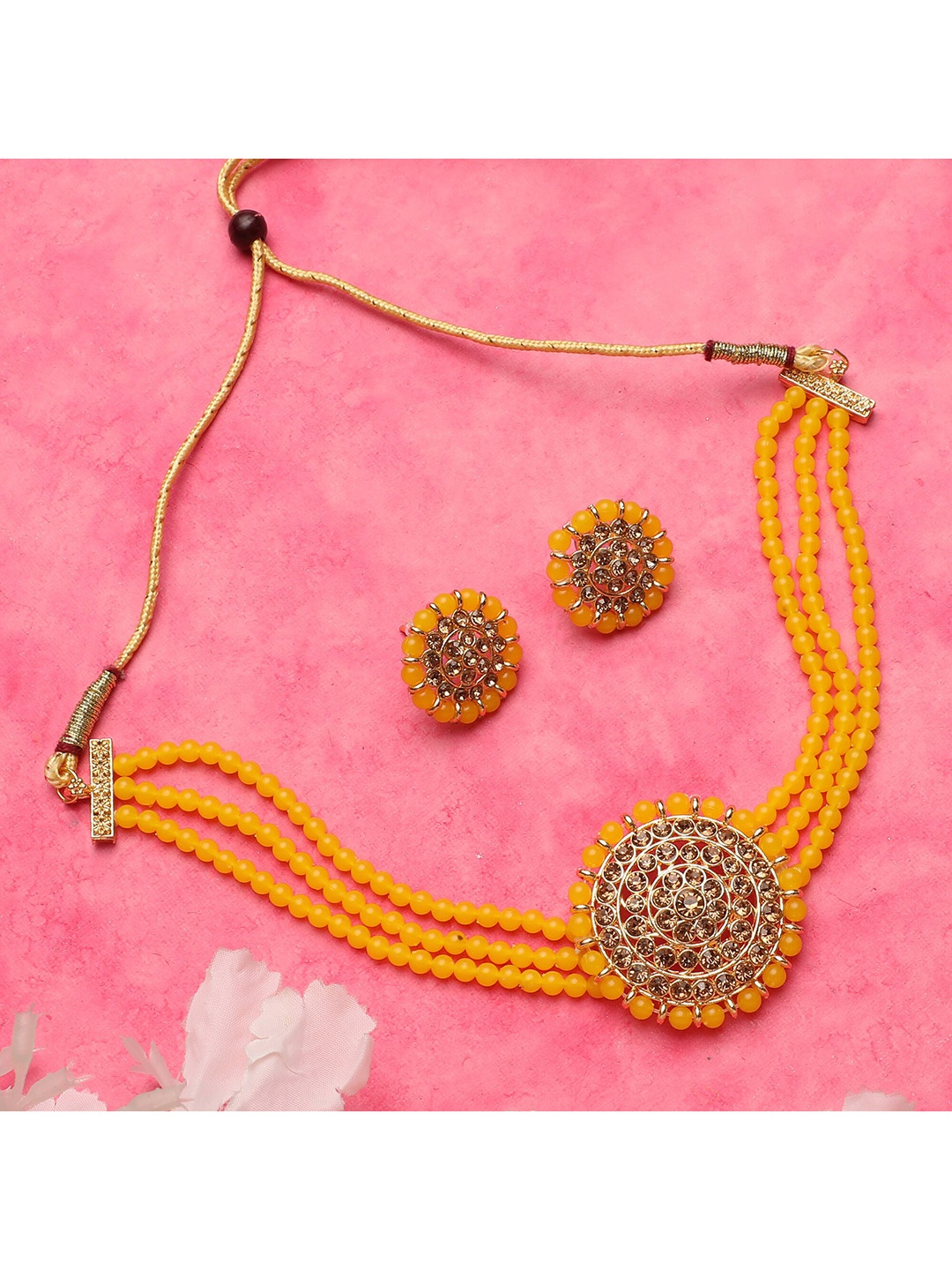 

ZaffreCollections Gold-Plated Yellow & Gold Crystal-Studded & Beaded Jewellery Set
