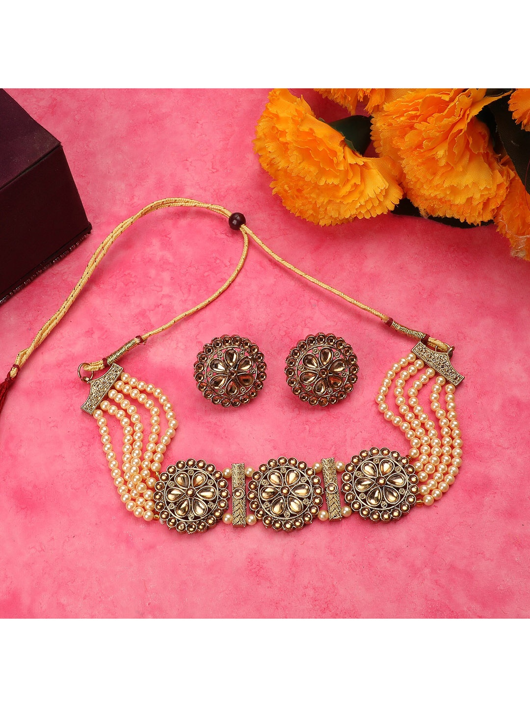 

ZaffreCollections Women Gold-Plated Pearls & Crystals Beaded Choker Jewellery Set