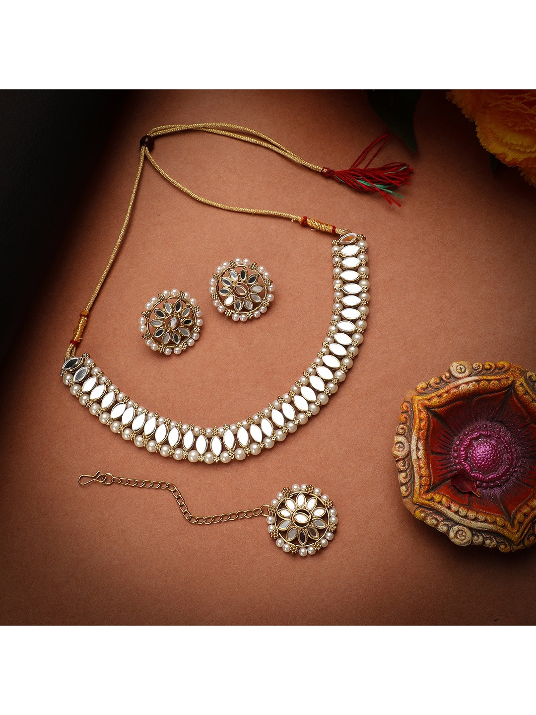 

ZaffreCollections Gold-Plated White Crystals Studded & Pearl Beaded Jewellery Set