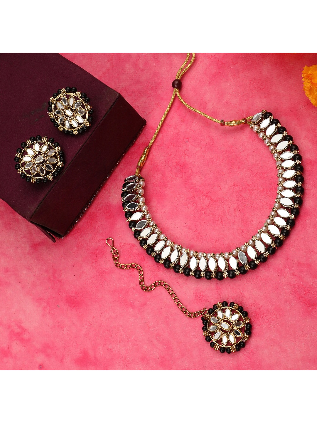 

ZaffreCollections Gold-Plated Black Crystals Studded & Pearl Beaded Jewellery Set