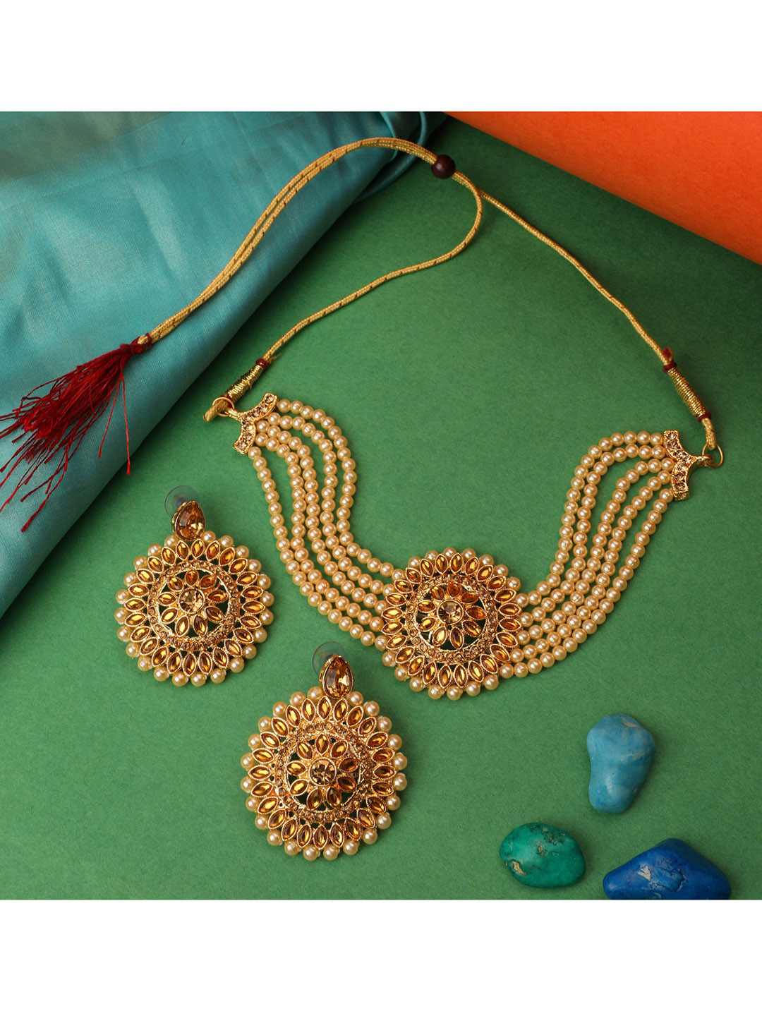 

ZaffreCollections Gold-Plated Crystals Studded & Pearl Beaded Choker Jewellery Set