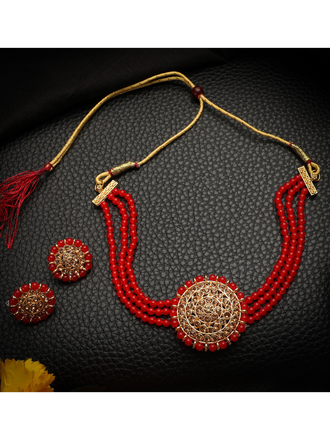 

ZaffreCollections Women Gold-Plated Red Crystals & Pearls Beaded Choker Jewellery Set
