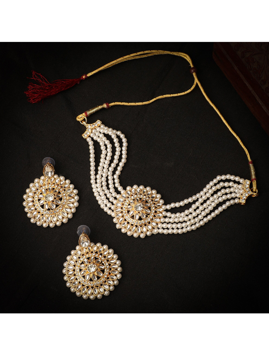 

ZaffreCollections Gold-Plated White Crystals Studded & Pearls Beaded Choker Jewellery Set