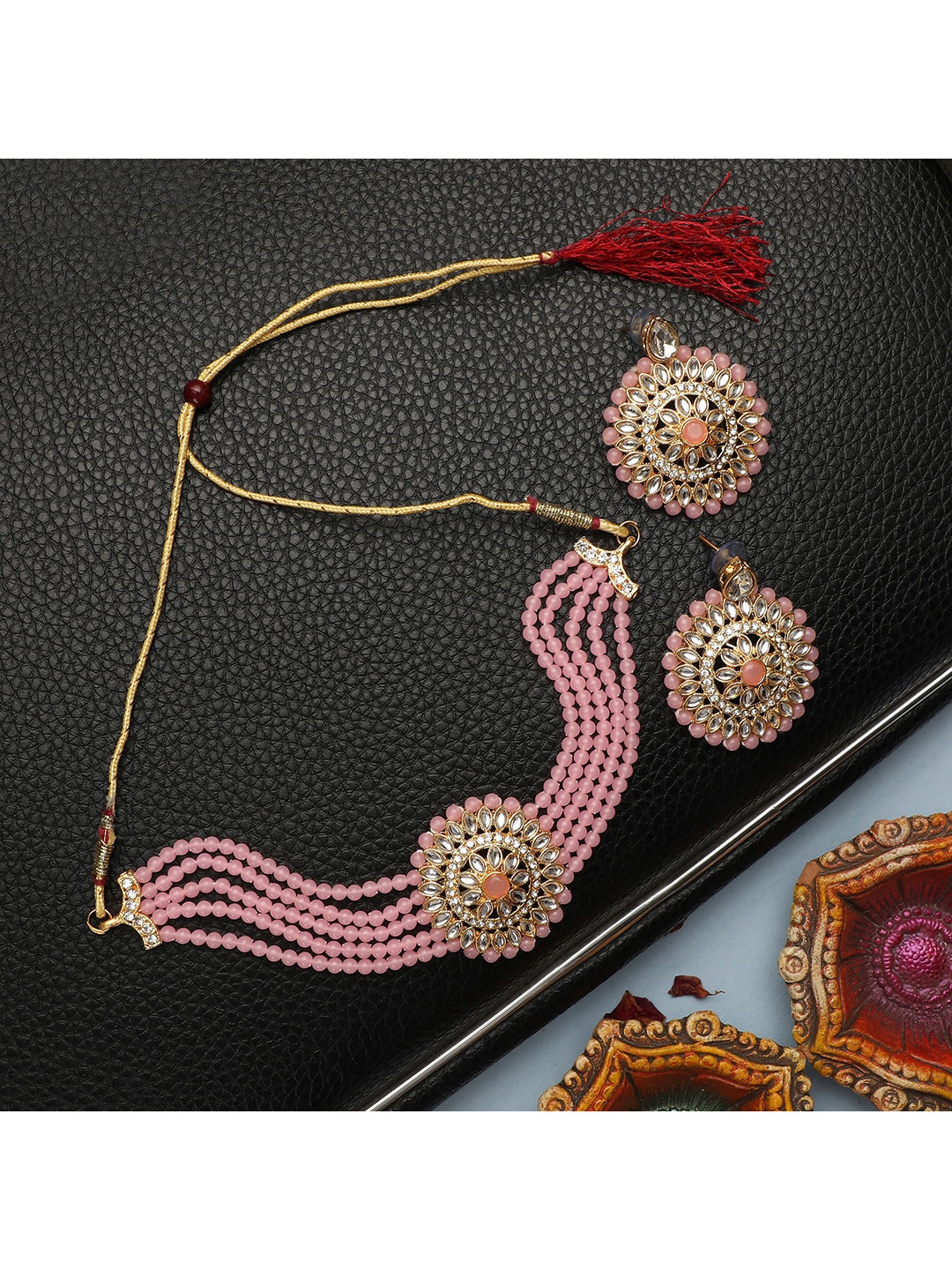 

ZaffreCollections Women Gold-Plated Pink Crystals & Pearls Beaded Choker Jewellery Set