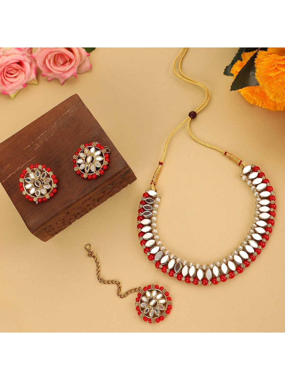 

ZaffreCollections Gold-Plated Red Mirror Studded & Pearls Beaded Choker Jewellery Set