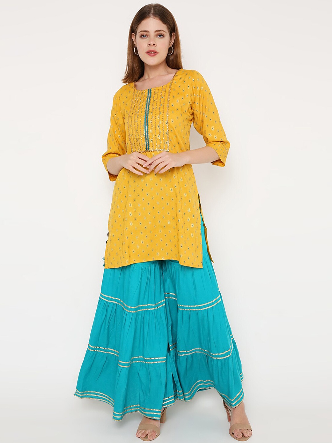 

Peppertree Women Yellow Striped Gotta Patti Kurti with Sharara