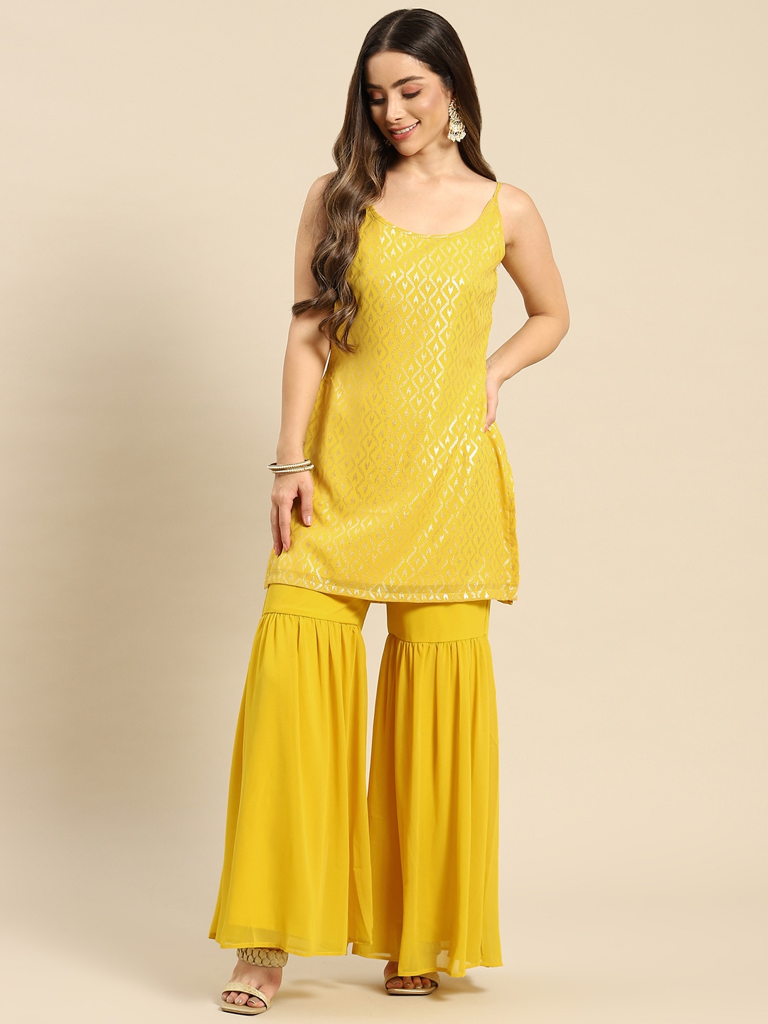 

MABISH by Sonal Jain Women Yellow Ethnic Motifs Printed Kurta with Sharara
