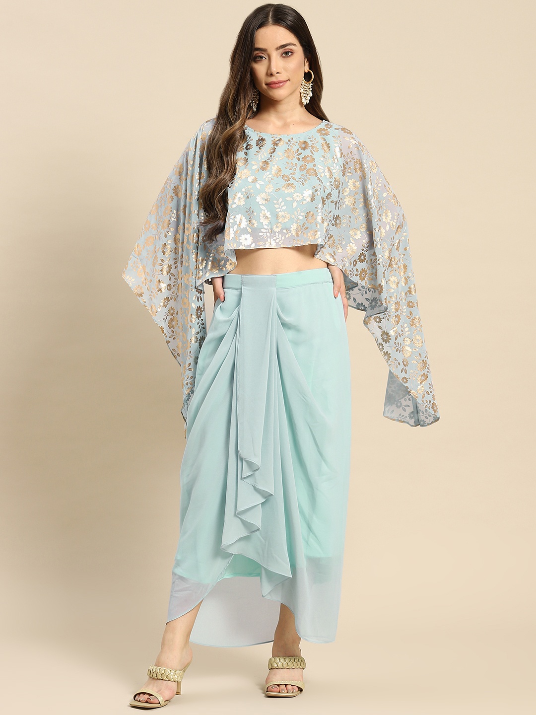 

MABISH by Sonal Jain Women Blue Printed Cape Top with Draped Skirt