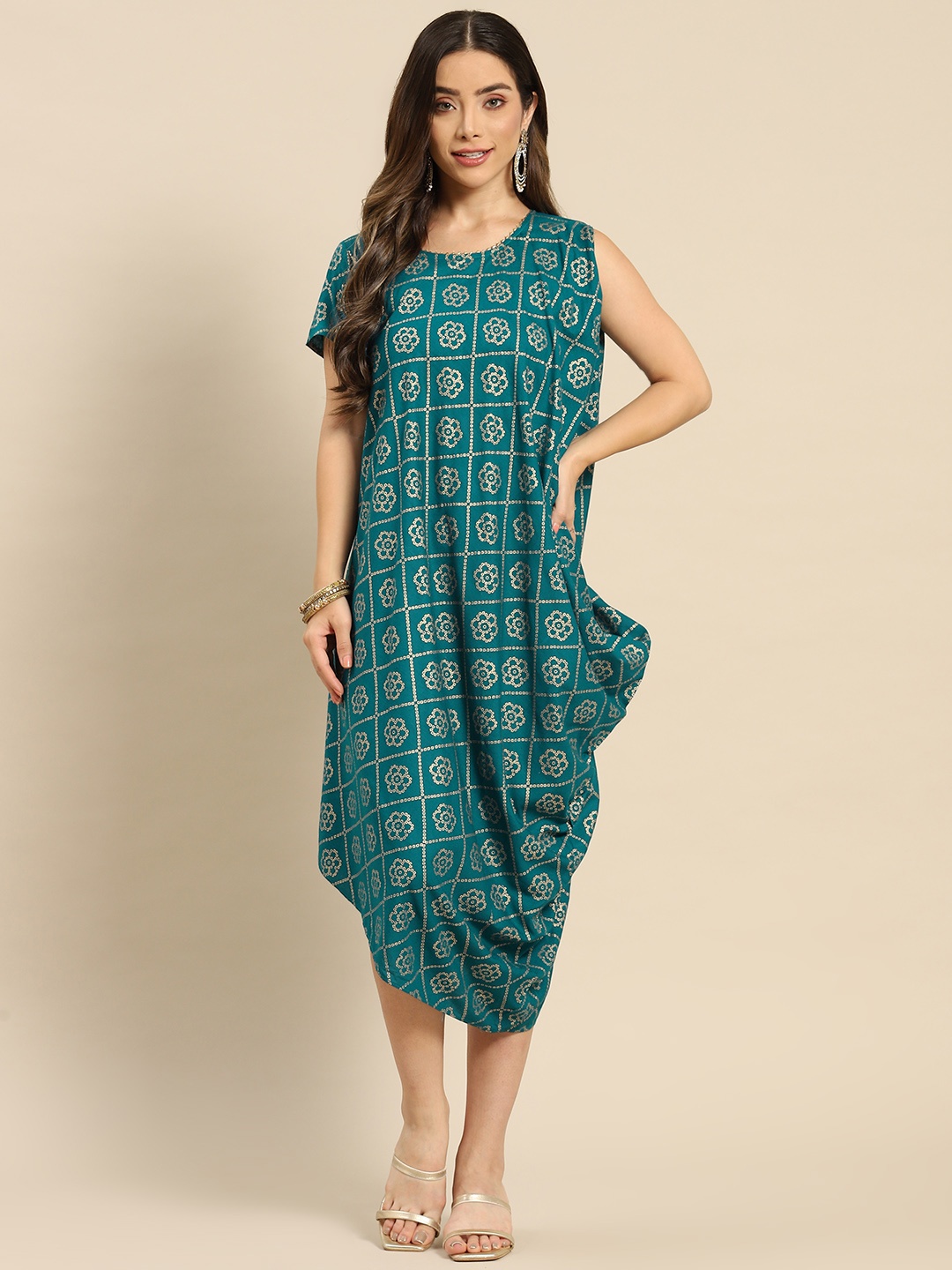 

MABISH by Sonal Jain Asymmetric Cowl Hem Ethnic Motifs Midi Dress, Turquoise blue