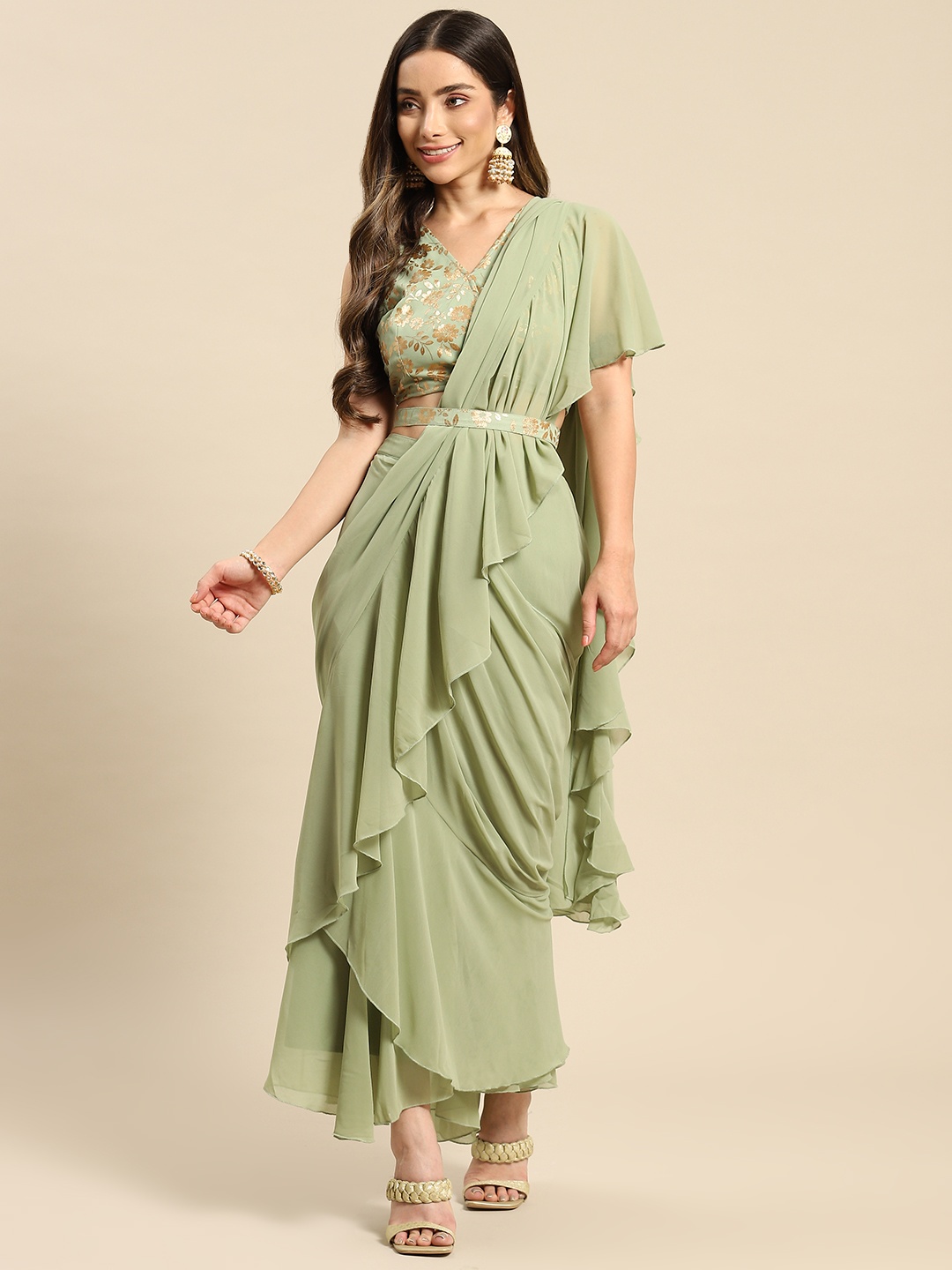 

MABISH by Sonal Jain Green Belted Ready to Wear Frilled Saree