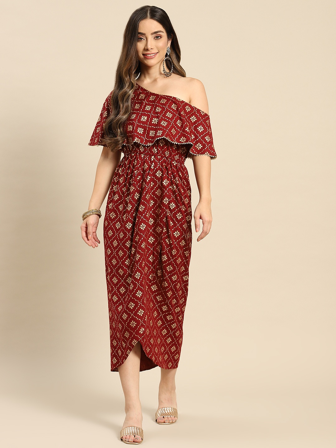 

MABISH by Sonal Jain Maroon Floral Off-Shoulder Layered Midi Dress