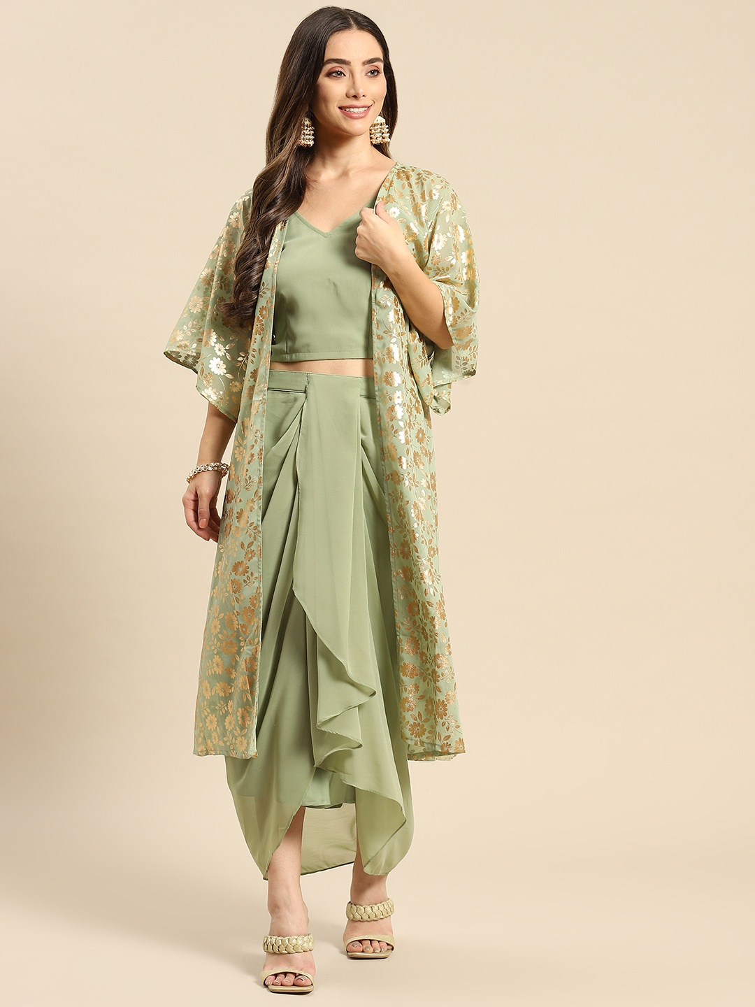 

MABISH by Sonal Jain Women Green Printed Top with Pleated Skirt & Jacket