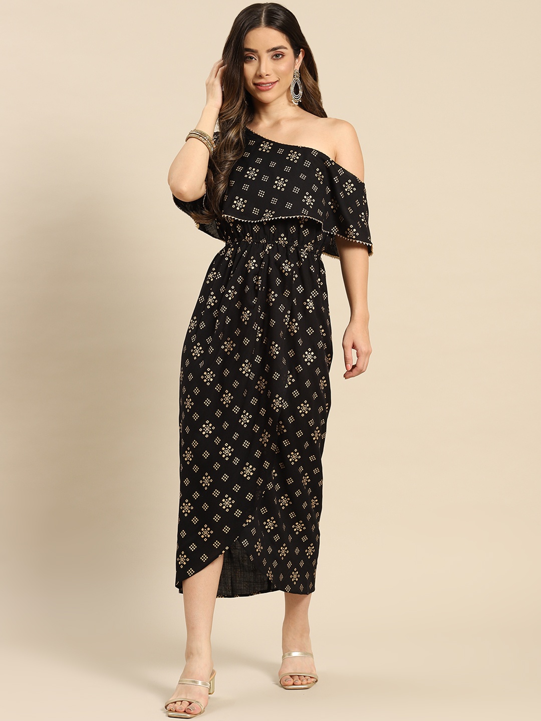 

MABISH by Sonal Jain Black Ethnic Motifs Off-Shoulder Layered Midi Dress