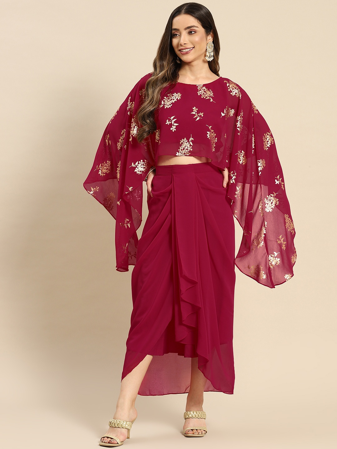 

MABISH by Sonal Jain Women Magenta Printed Cape Top with Draped Skirt