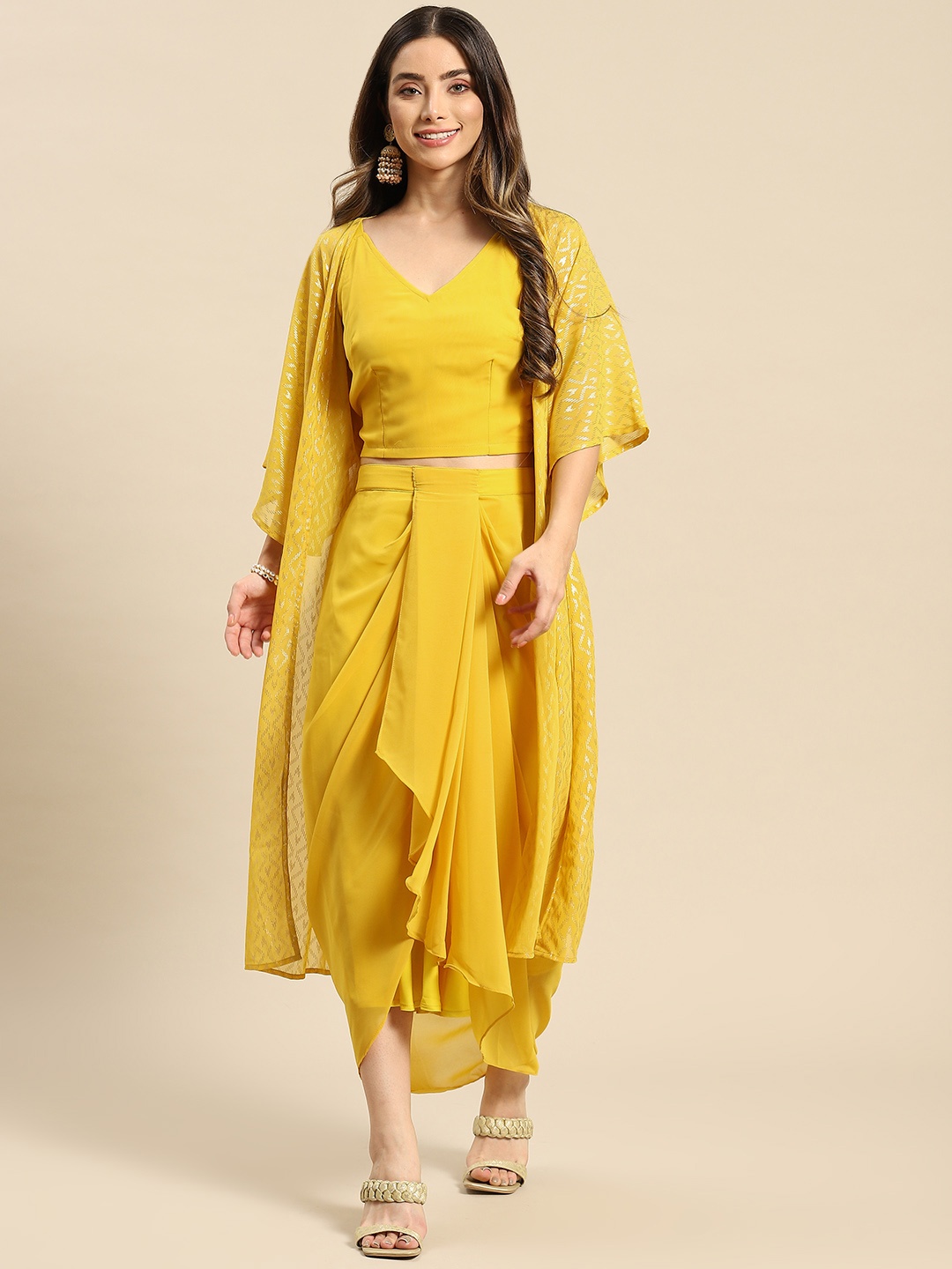 

MABISH by Sonal Jain Women Yellow Printed Crop Top with Draped Skirt