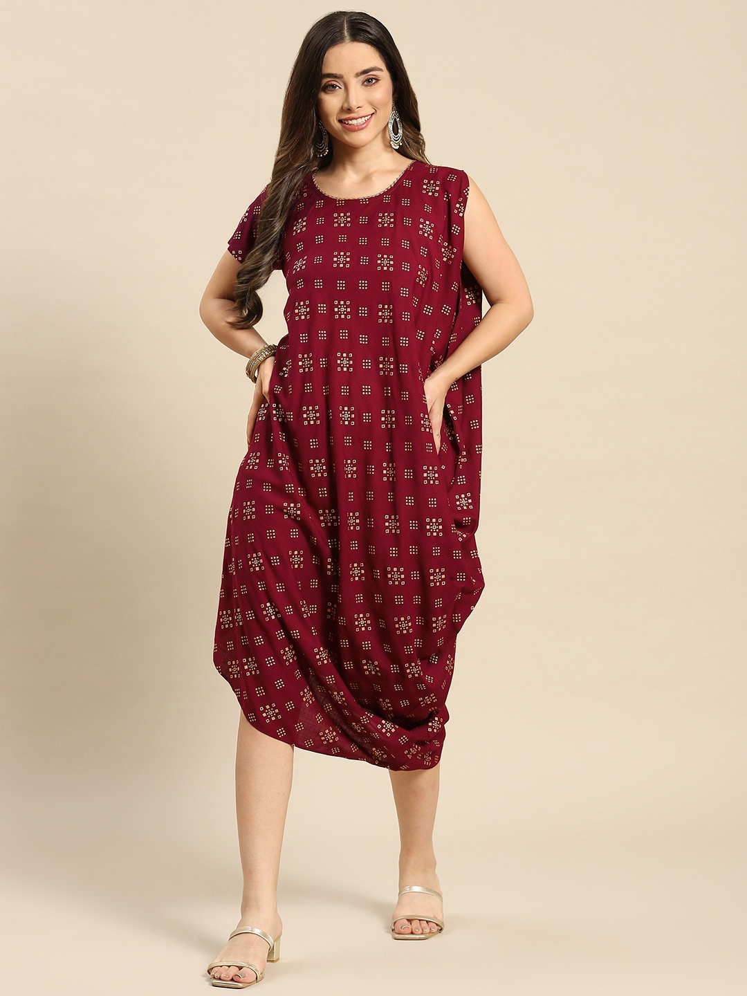 

MABISH by Sonal Jain Ethnic Motifs A-Line Midi Ethnic Dress, Maroon