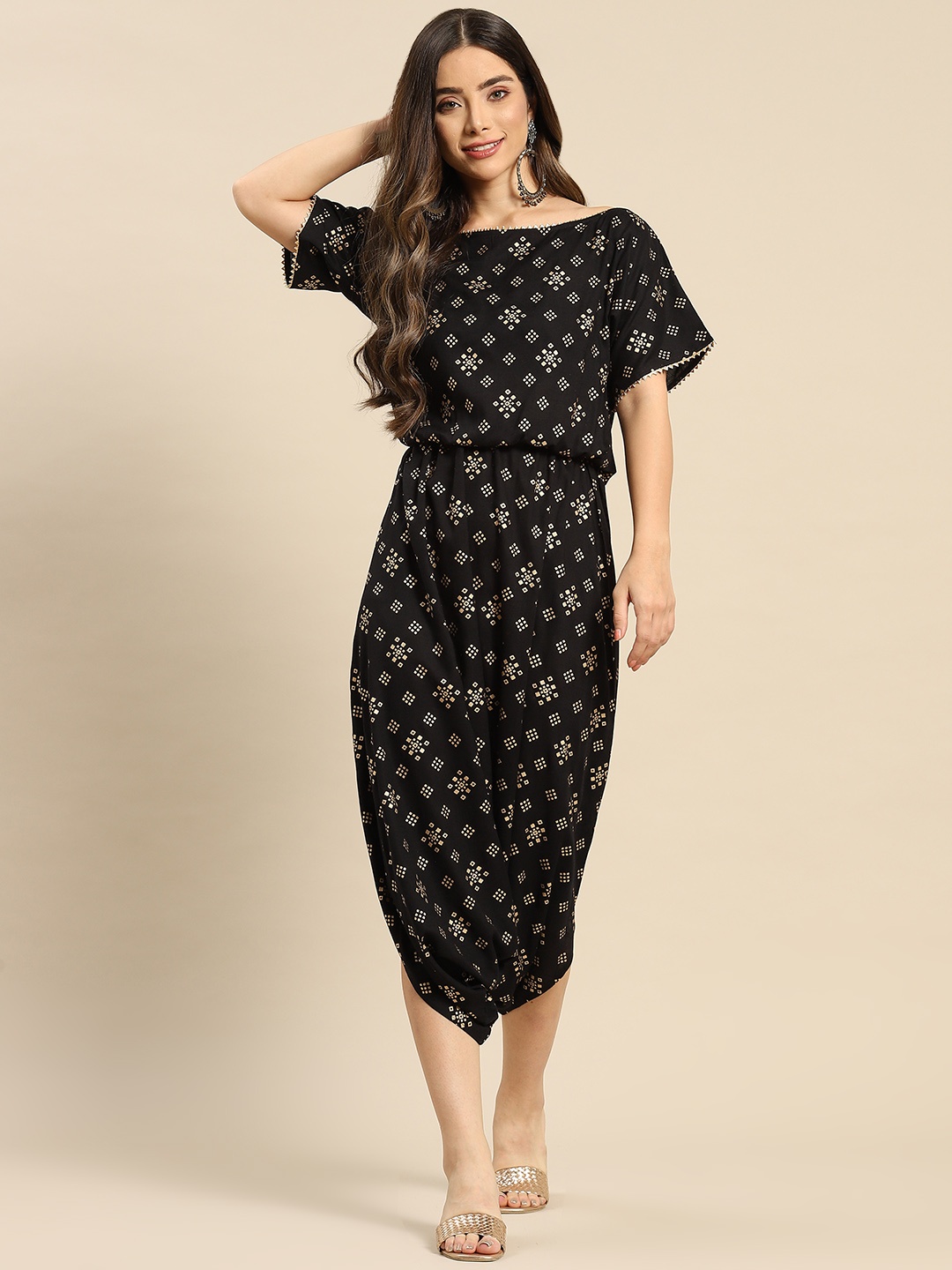 

MABISH by Sonal Jain Black Printed Capri Dhoti Jumpsuit