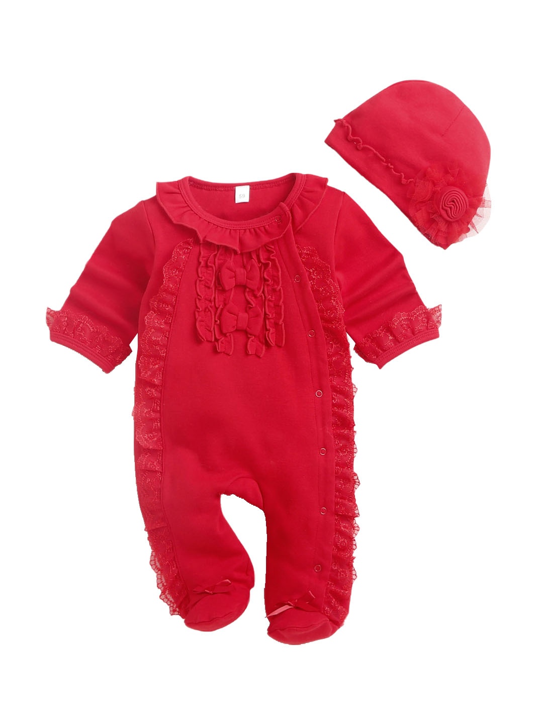 

Hopscotch Girls Red Solid Cotton Rompers With Cap