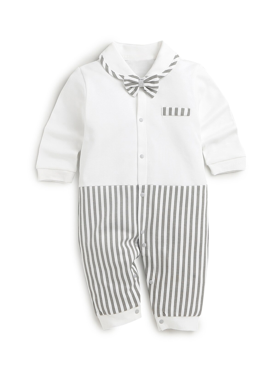 

Hopscotch Boys White & Grey Striped Cotton Rompers