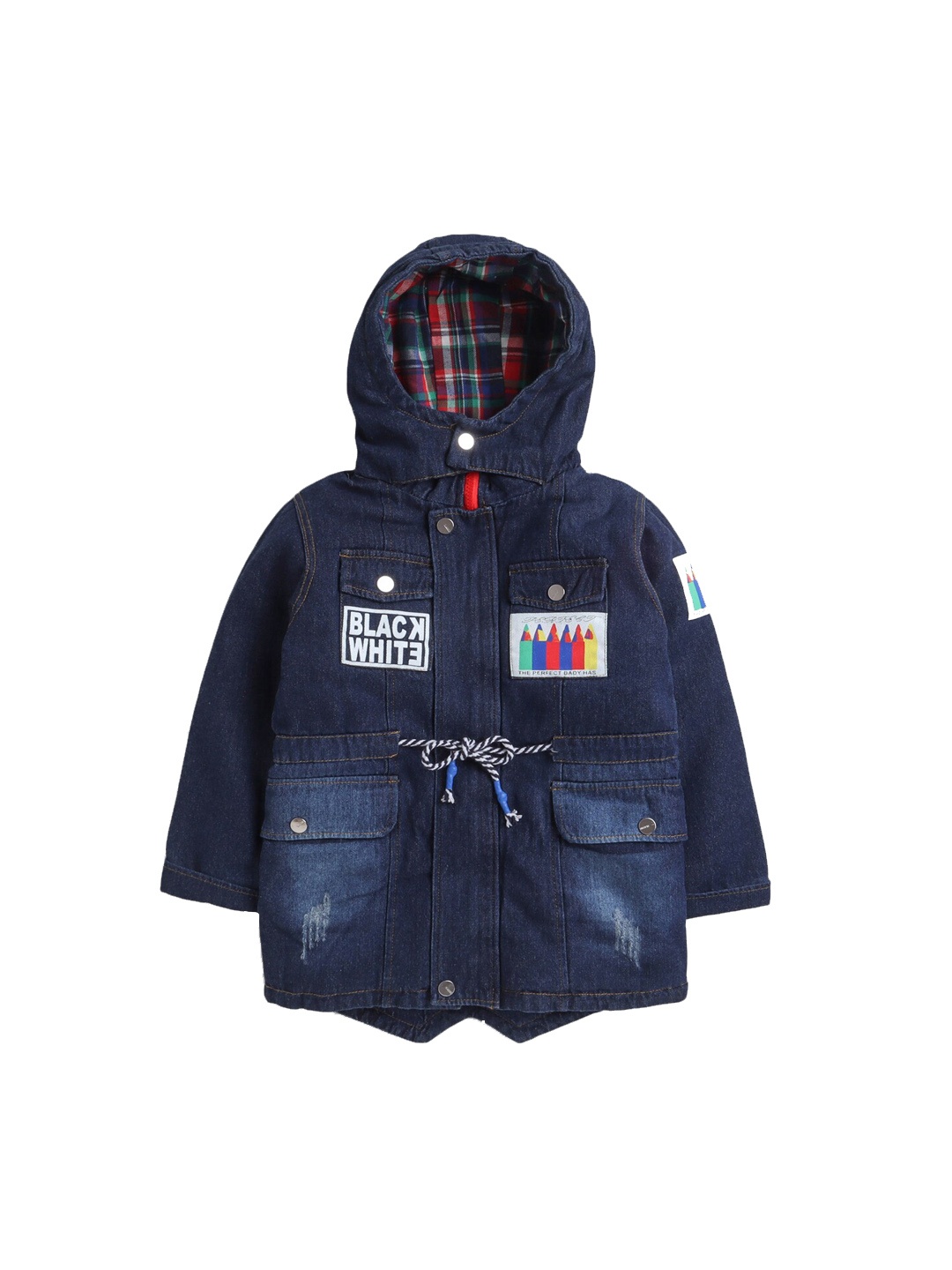 

Hopscotch Boys Navy Blue Graphic Printed Hooded Denim Jacket