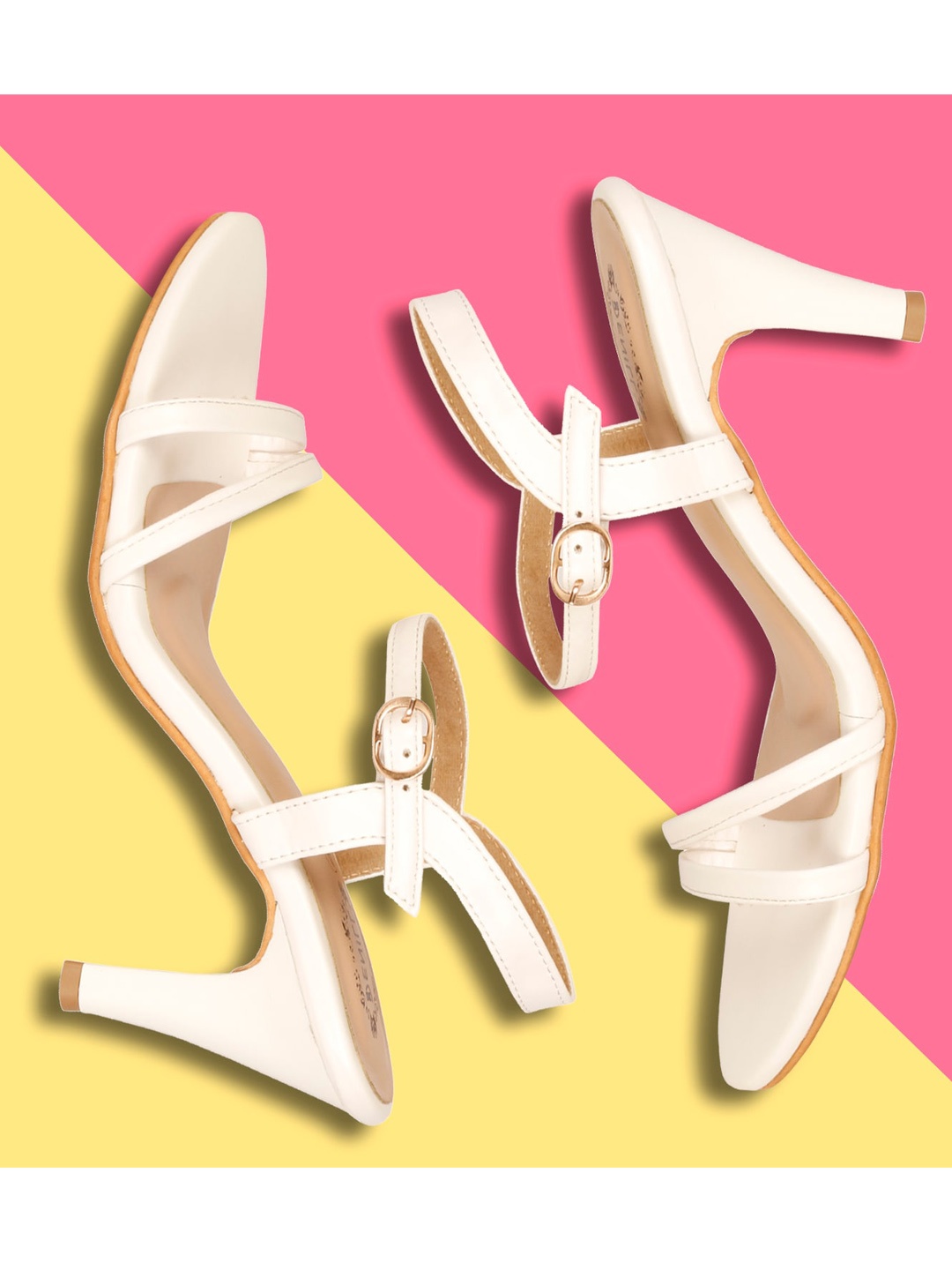 

Denill White Striped Stiletto Peep Toes Heels with Buckles