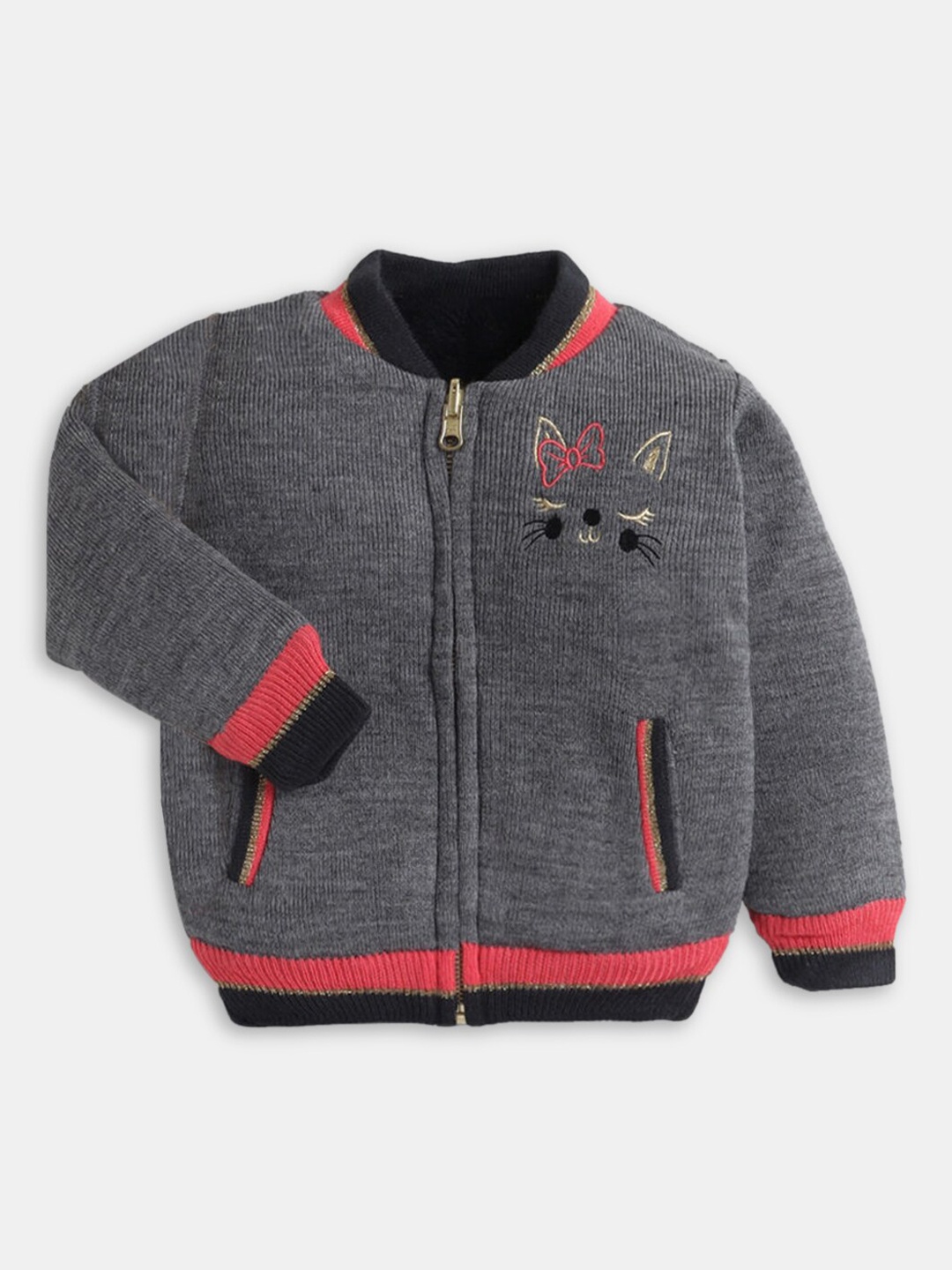 

Hopscotch Girls Grey Acrylic Longline Bomber with Patchwork Jacket