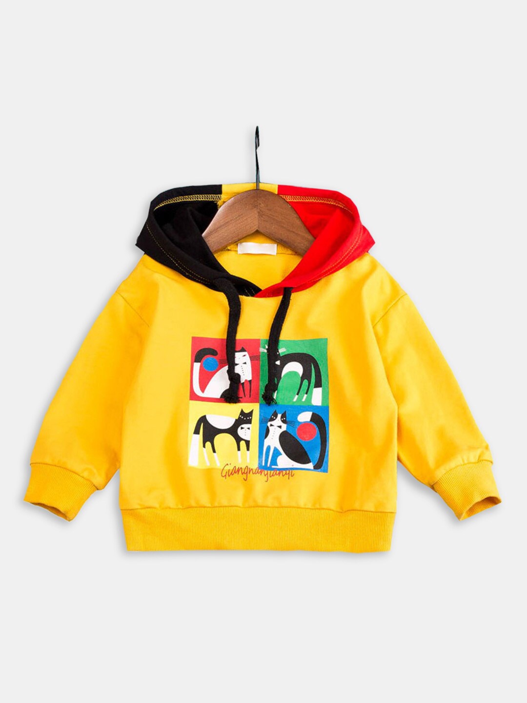 

Hopscotch Boys Yellow Printed Hooded Sweatshirt