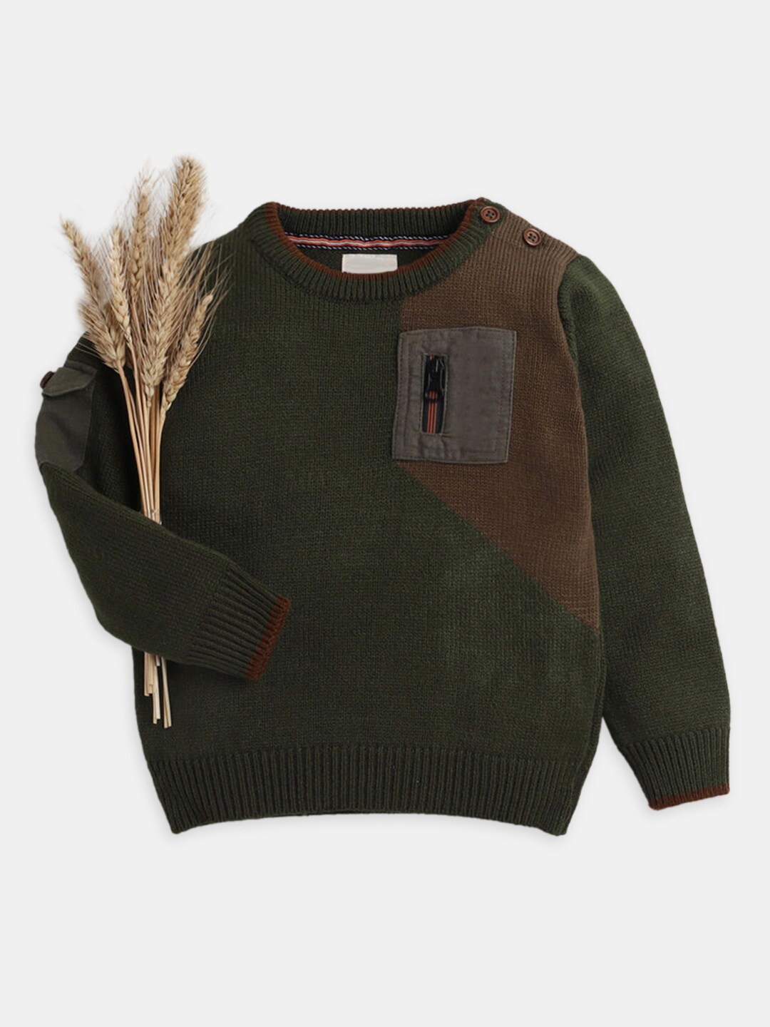 

Hopscotch Boys Olive Green & Brown Round Neck Pullover