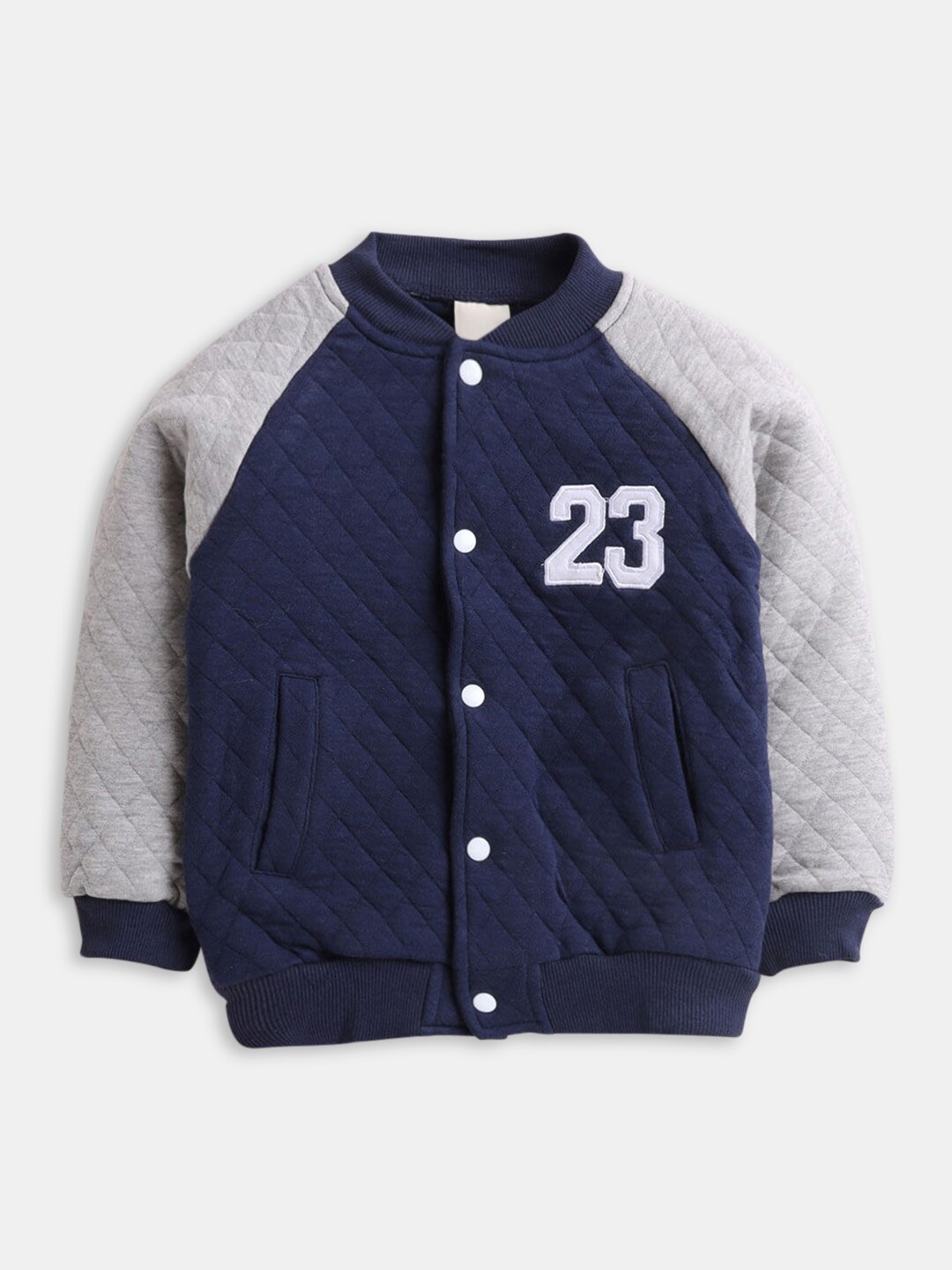 

Hopscotch Boys Navy Blue Colourblocked Quilted Jacket with Patchwork