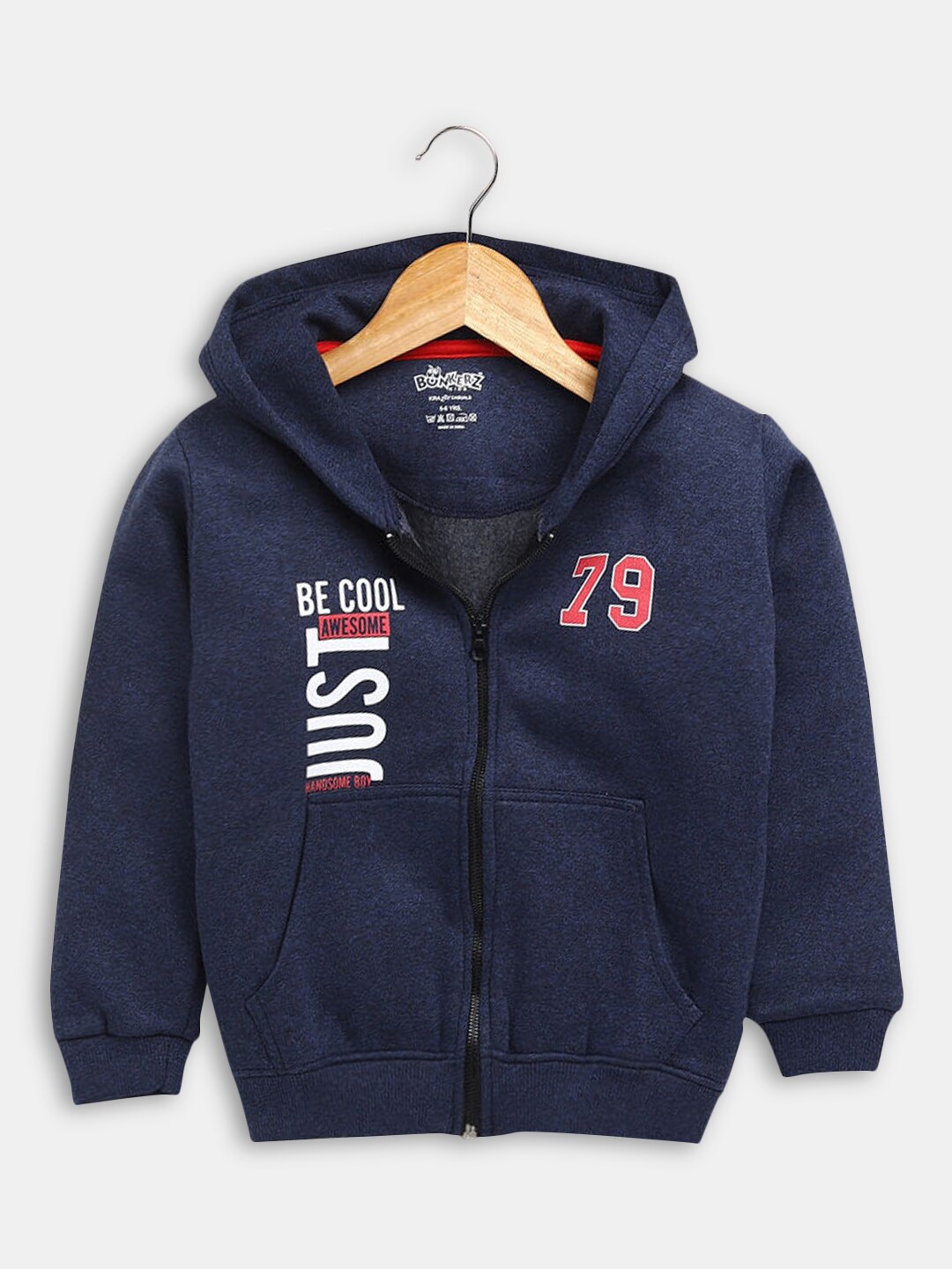 

Hopscotch Boys Navy Blue Printed Hooded Cottton Sweatshirt