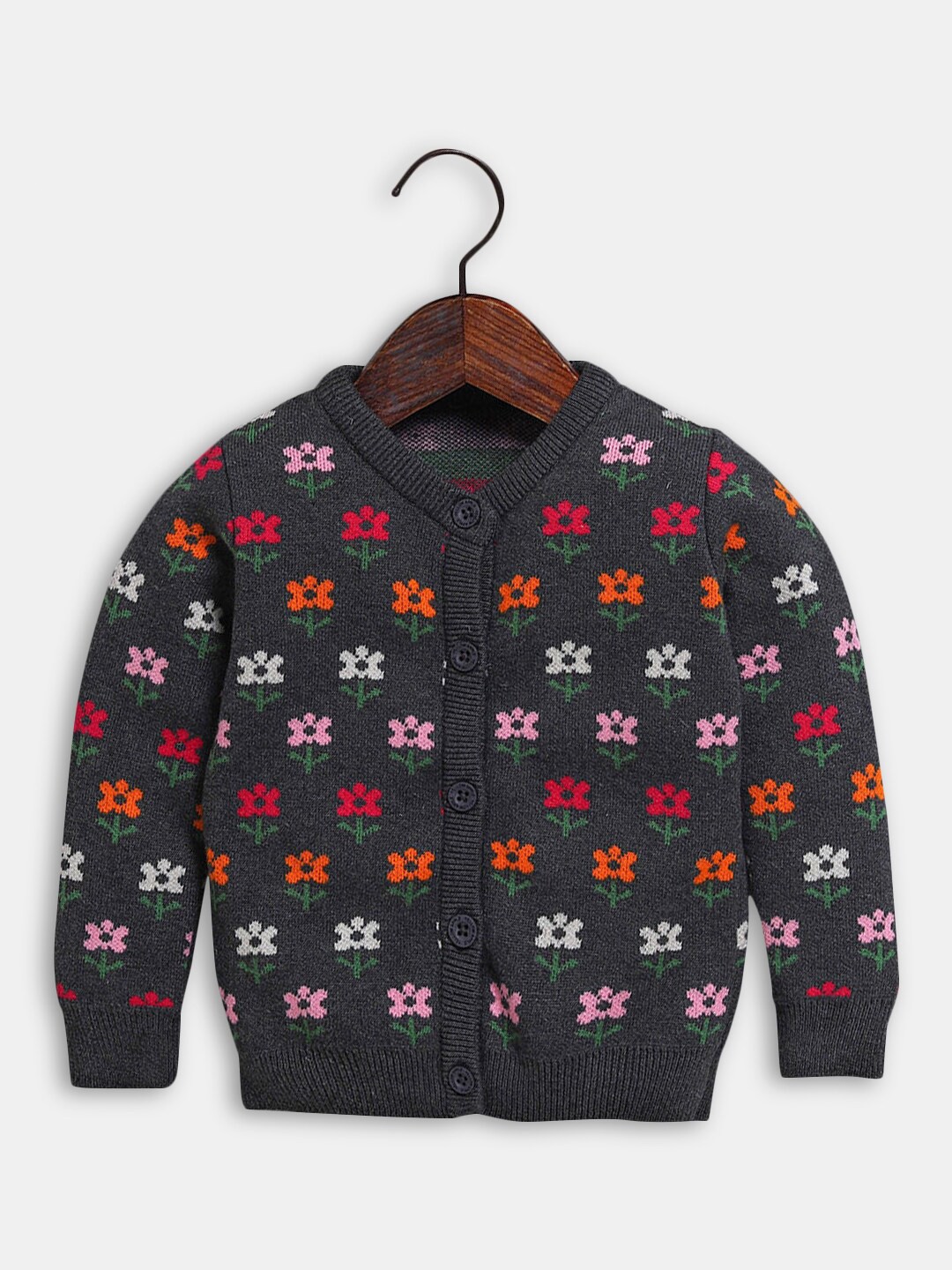 

Hopscotch Girls Grey & White Floral Self Design Cardigan