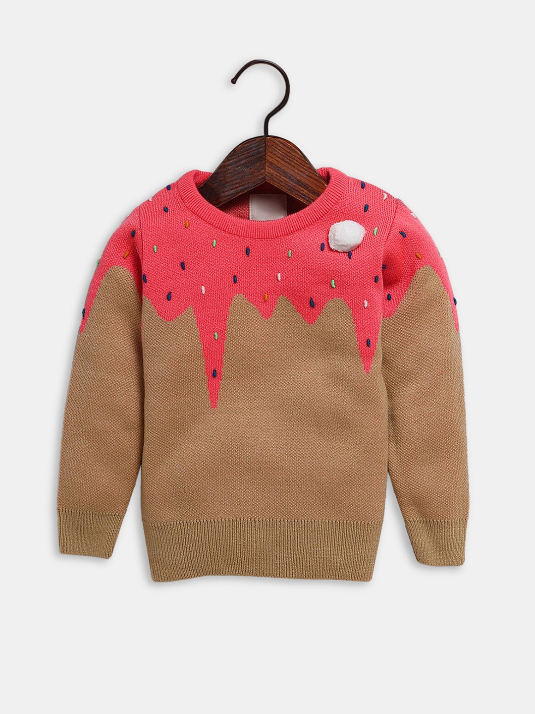 

Hopscotch Girls Beige & Red Colourblocked Pullover