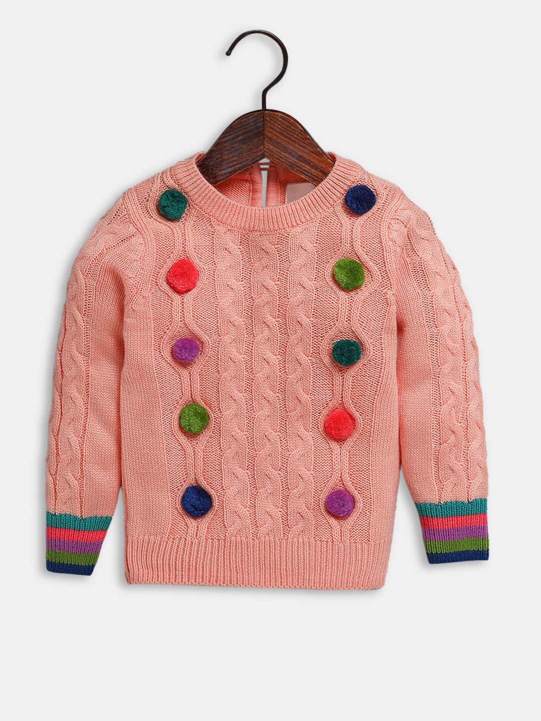 

Hopscotch Girls Peach-Coloured & Green Cable Knit Pullover with Applique Detail