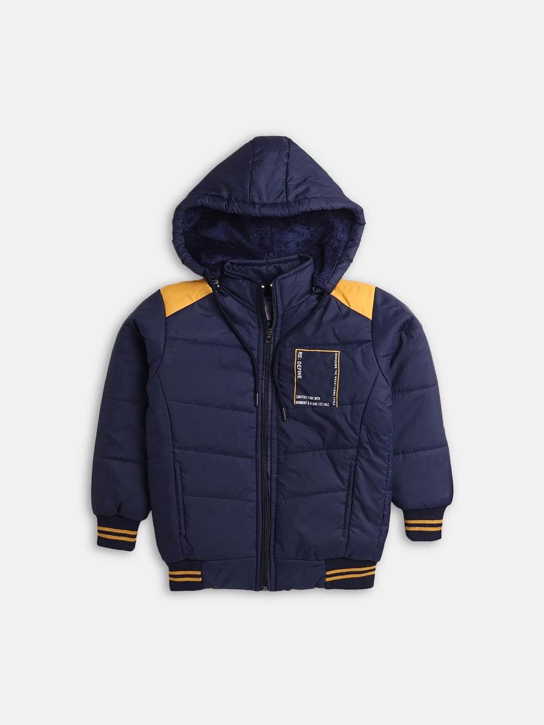 

Hopscotch Boys Blue & Yellow Colourblocked Padded Jacket