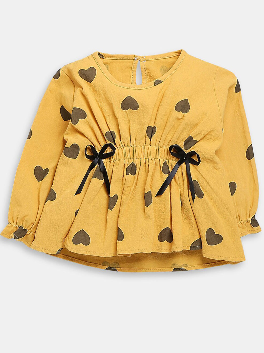 

Hopscotch Yellow & Black Print Pure Cotton Cinched Waist Top