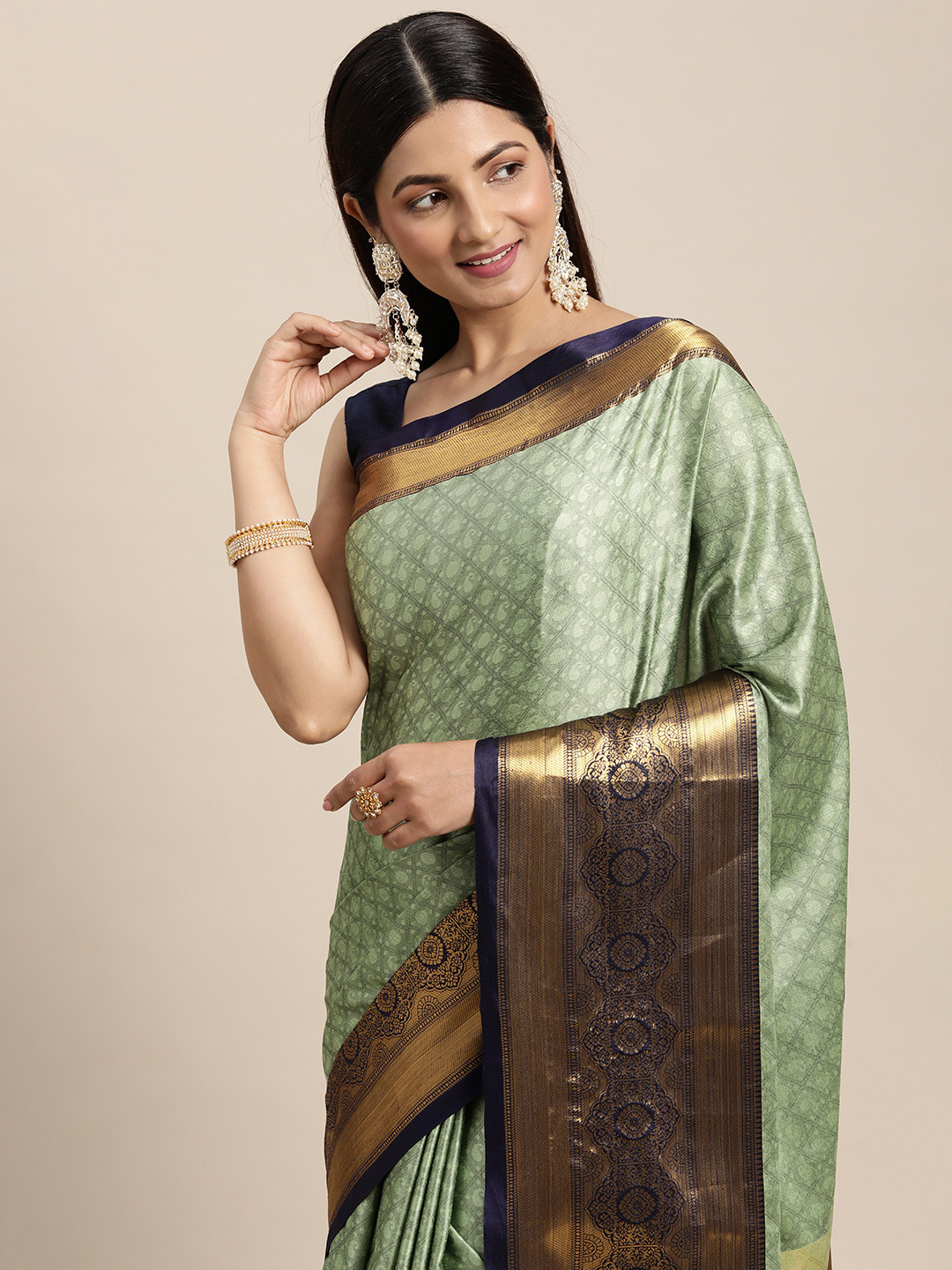 

M M Venture Green & Navy Blue Ethnic Motifs Zari Cotton Silk Saree