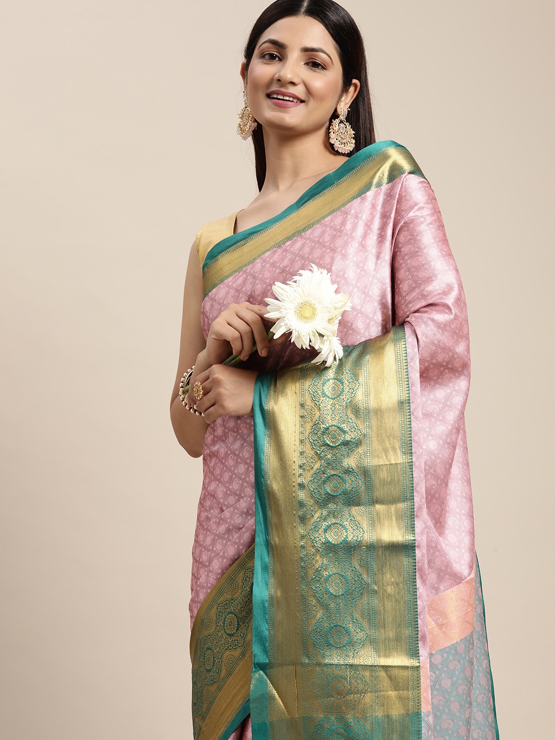 

M M Venture Pink & Green Ethnic Motifs Zari Cotton Silk Saree
