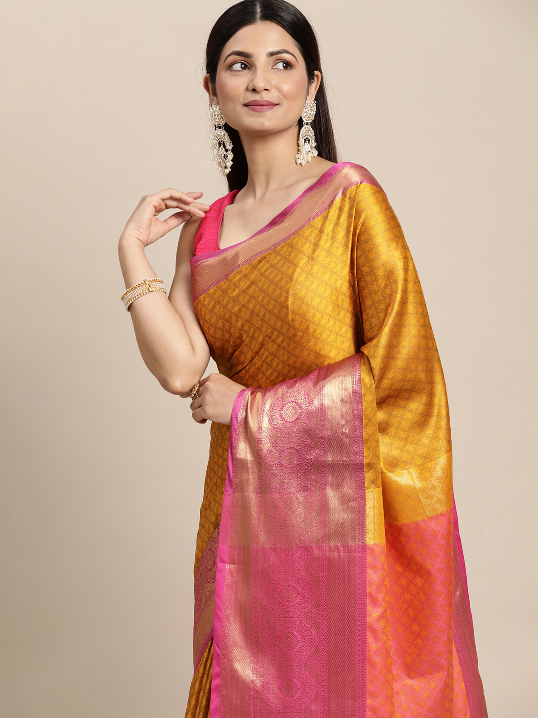 

M M Venture Mustard Yellow & Pink Ethnic Motifs Zari Cotton Silk Saree