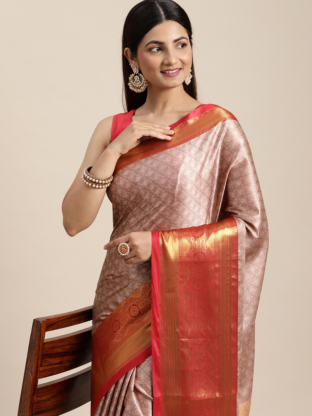 

M M Venture Peach-Coloured & Red Ethnic Motifs Zari Cotton Silk Saree