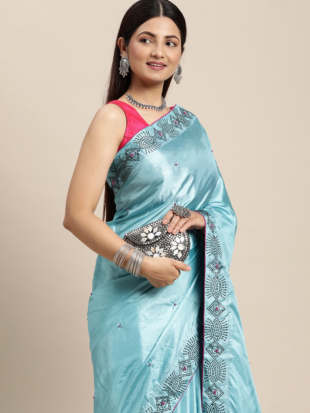 

M M Venture Turquoise Blue Embellished Art Silk Saree